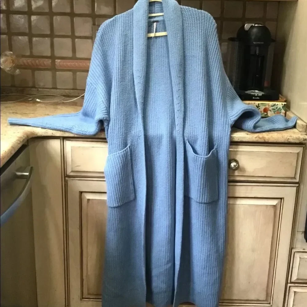 Free People Skylark Cardi Maxi Ribbed Open Front Knit Blue - Picture 3 of 5